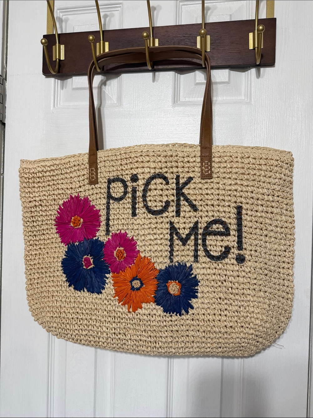 Pick Me NWT Natural Straw Tote with Pink, Blue & Orange Floral Embroidery